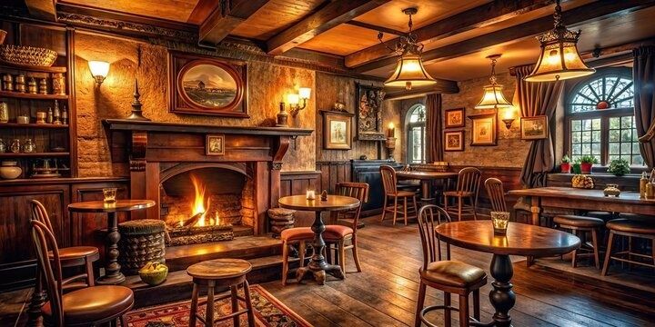 Warm traditional British pub interior with a fireplace, wooden beams, and tables